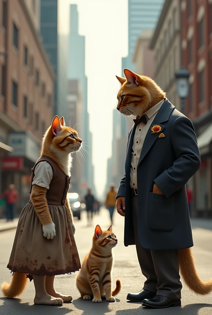 Here’s a detailed prompt for your scene:

**Prompt:**

A realistic, full-body, ultra-detailed scene in 4K/8K resolution. In the city, a poor cat in a dirty, tattered dress stands with a forlorn expression, gazing longingly at a well-dressed cat. The well-dressed cat is in a beautiful, elegant outfit, accompanied by a handsome cat also dressed in fine attire. They stand together with a small, adorable kitten between them. The city backdrop shows urban elements such as buildings, streets, and subtle signs of city life. The contrast between the two cats’ appearances highlights the disparity in their social status, and the scene conveys a poignant moment of yearning and grace.