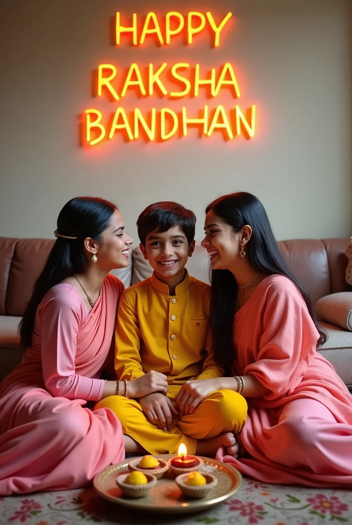 Three young sisters, age 22 and 25 and 29, are celebrating Raksha Bandhan with their 20 year old brother. The girls wear matching pink saree, while the boy is in a yellow kurta. They’re sitting cross-legged on a patterned rug in their living room. A plate with rakhis, sweets, and a small diya lamp is in front of them. On the wall behind them, “HAPPY RAKSHA BANDHAN” is painted in colorful letters, with “REKHA, SULEKHA, PUJA & RAN written underneath. 4k image, warm indoor light