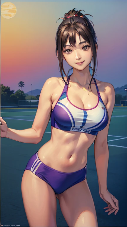 ((masterpiece, Highest quality, Highest quality, Official Art, beautifully、beautiful:1.2)),((masterpiece)),((Vibrant colors)),((Ayako Katagiri)),((幸せそうなsmile)),((smile)),((looks fun)),(((Plain sports bra))),(Seaside),(Big Breasts),(((Side bust))),(sunset),(Skin exposed),(Cool),(Track and field athlete)