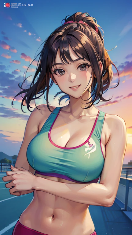 ((masterpiece, Highest quality, Highest quality, Official Art, beautifully、beautiful:1.2)),((masterpiece)),((Vibrant colors)),((Ayako Katagiri)),((幸せそうなsmile)),((smile)),((looks fun)),(((Plain sports bra))),(Seaside),(Big Breasts),(((Side bust))),(sunset),(Skin exposed),(Cool),(Track and field athlete)