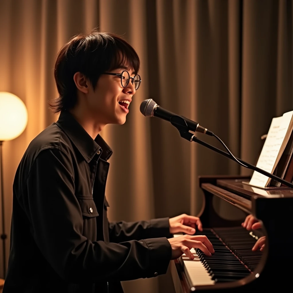 An Asian man playing lo-fi hiphop on an electric piano and singing in a stylish room.