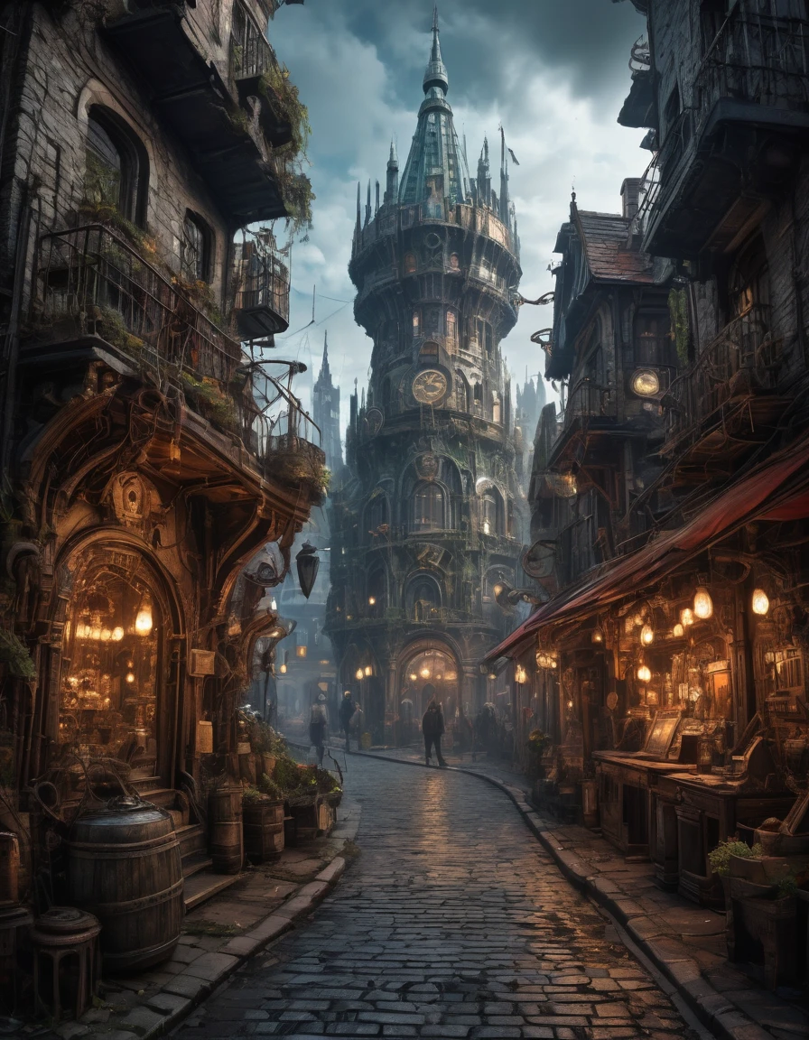 (cyber-), neon , (High resolution,High resolution:1.2),Meticulously recreated medieval streetscapes,cyber-netic enhancements,luminous neon lights,Steampunk machinery,Ornate gothic architecture,mechanical dragon,Hovering airships,Advanced holographic displays,Beautiful stained glass windows,A magnificent clock tower,interconnected cyber-netic network,Intricate tapestries depicting futuristic scenes,elaborate cyber-punk fashion,Mysterious hooded figures,Bustling markets where old technology meets new,Dramatic plumes of steam erupting from strategically placed vents,A dystopian yet magical atmosphere,Molten metal pouring from industrial furnaces,Seamless integration of medieval and digital aesthetics,enchanted weapons and armor hovering alongside cyber-netic enhancements,Set to an electronic beat、Hauntingly beautiful medieval hymns,A gritty yet vibrant color palette,Glowing fungi lining hidden underground tunnels,Palatial castles adorned with futuristic laser defenses,Luminous gardens suspended amidst towering skyscrapers,ornate cyber-punk cogs and gears merging with medieval crest designs,A dramatic contrast between ancient cobblestone streets and futuristic holographic advertisements.