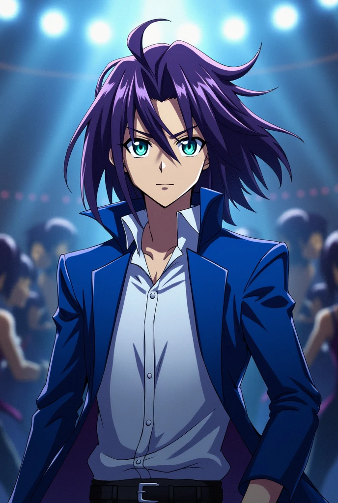 Yu-Gi-Oh Anime Artstyle, Male, Tall, White Skin, Dark Purple Hair, Medium Hair, Greenish Cyan Eyes, White Shirt under a Blue Jacket, Serious Facial Expression