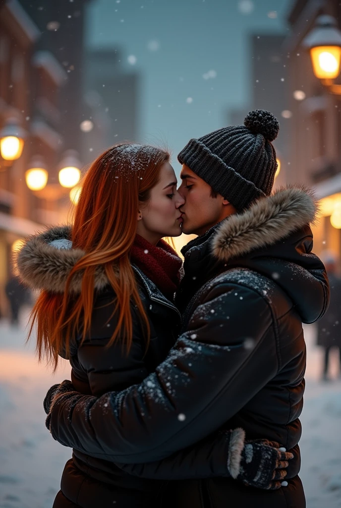 A beautiful bigg boobs girl get kissed by a random stranger in winter,every environment and night time