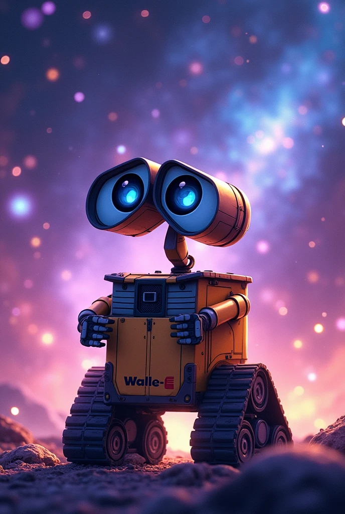 Wale-e looking sideways with the anime version with the cosmic background 