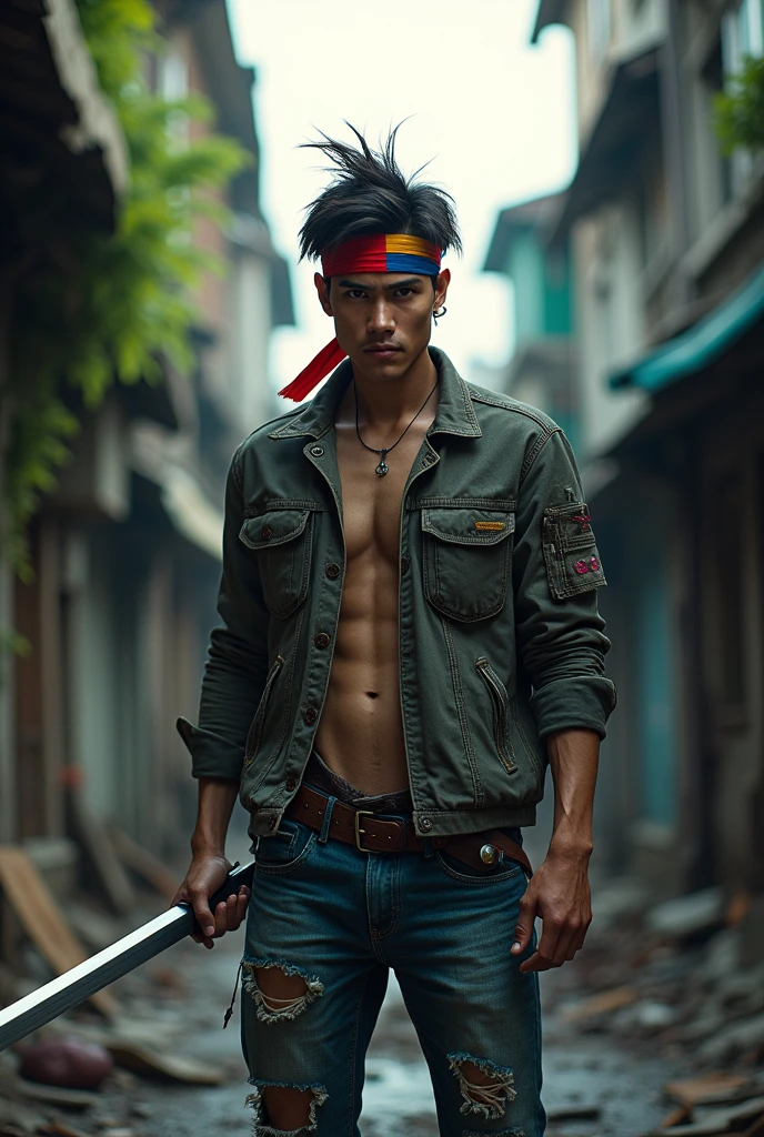An Asian man in his 20s is wearing a jacket and jeans, along with a headband featuring the Thai flag. He is using a katana to fight a zombie in the city. The background depicts a world overrun by zombies in Thailand. In the scene, the zombie is approaching the man from the front, while the man, positioned in the left corner of the picture, is looking directly at the camera with a hateful expression.