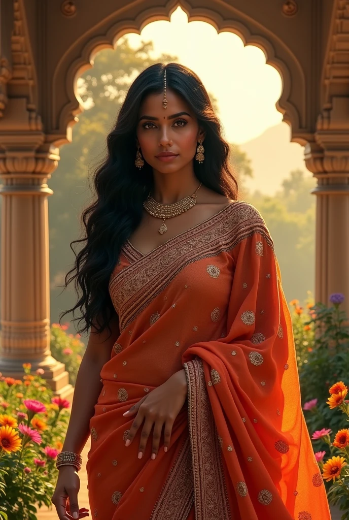 Create more realistic 3D exact image of Celebrity "GIANNA DIOR" is standing in a temple, dressed in a beautiful silk saree and blouse. She is adorned with golden ornaments, including earrings and bangles. Her hair is adorned with jasmine flowers, and she is smiling brightly. The lighting is warm and inviting, with a soft glow that highlights the intricate details of her outfit. The overall mood is one of joy and celebration, with a sense of reverence for the temple's sacred surroundings.