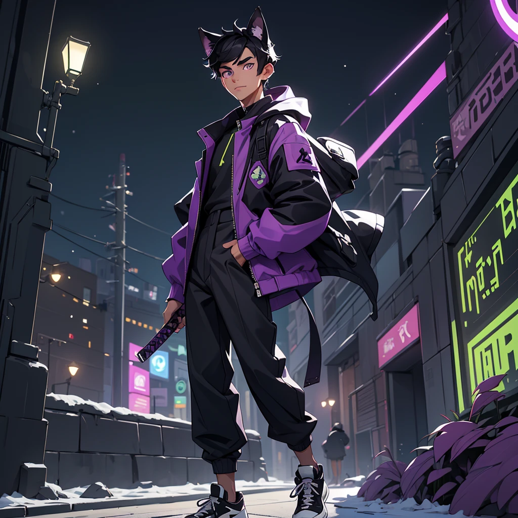 a handsome young man with a sweet face and a two-block haircut, black hair., Bright purple eyes,a glowing green and dark purple winter jacket,There is a reflective sign hanging.,He looks kind,Black and white pants and sneakers in a street fashion style,There are fox ears.,Wielding a katana,I have only two legs,I have only two arms