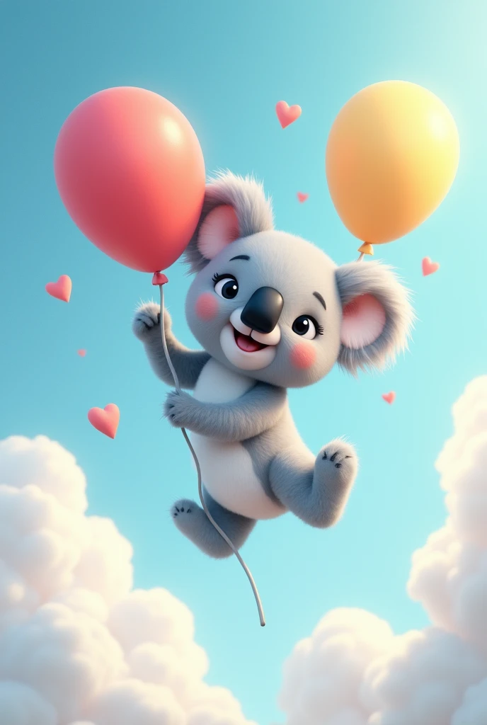 2D Koala bear hanging from balloons with one hand