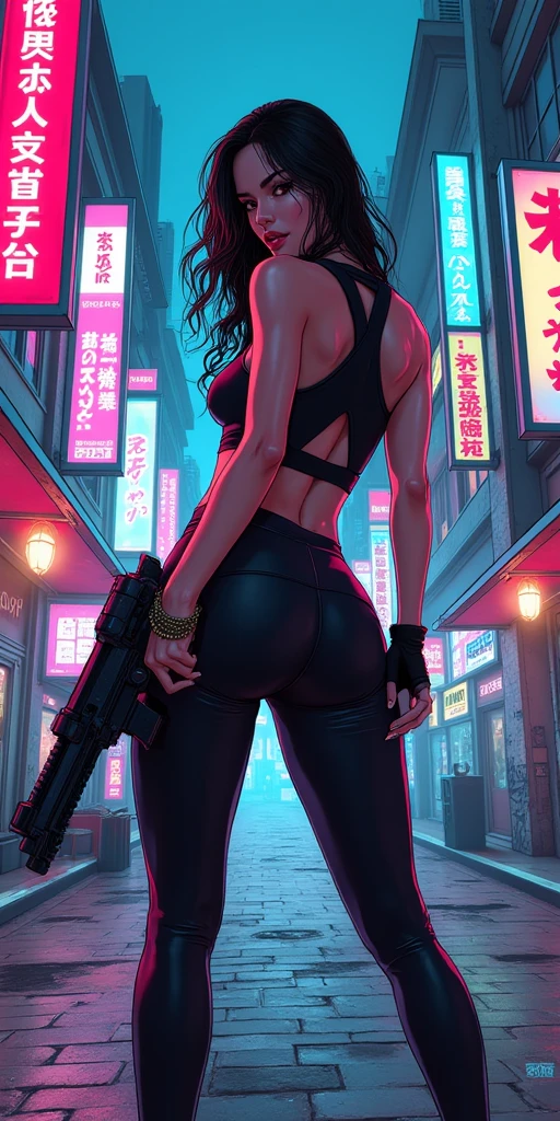 Zhu yuang, zenless zone zero, thick ass, bent over, sexy , seductive smile, holding gun,