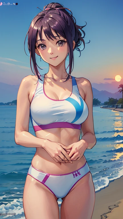 ((masterpiece, Highest quality, Highest quality, Official Art, beautifully、beautiful:1.2)),((masterpiece)),((Vibrant colors)),((Ayako Katagiri)),((幸せそうなsmile)),((smile)),((looks fun)),(((Plain sports bra))),(Seaside),(Big Breasts),(((Side bust))),(sunset),(Skin exposed),(Cool),(Track and field athlete)