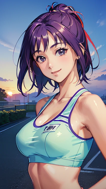 ((masterpiece, Highest quality, Highest quality, Official Art, beautifully、beautiful:1.2)),((masterpiece)),((Vibrant colors)),((Ayako Katagiri)),((幸せそうなsmile)),((smile)),((looks fun)),(((Plain sports bra))),(Seaside),(Big Breasts),(((Side bust))),(sunset),(Skin exposed),(Cool),(Track and field athlete)