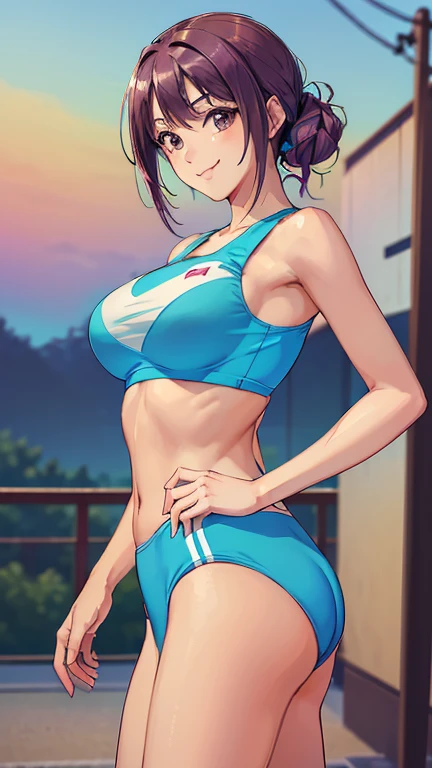 ((masterpiece, Highest quality, Highest quality, Official Art, beautifully、beautiful:1.2)),((masterpiece)),((Vibrant colors)),((Ayako Katagiri)),((幸せそうなsmile)),((smile)),((looks fun)),(((Plain sports bra))),(Seaside),(Big Breasts),(((Side bust))),(sunset),(Skin exposed),(Cool),(Track and field athlete)