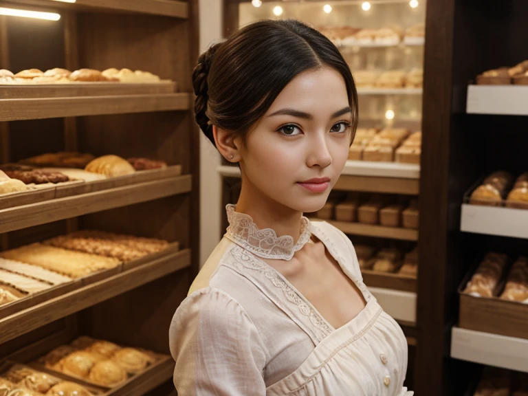 best quality, full body portrait, delicate face, pretty face,slim figure, instagram photo, 40 year old, breathtakingly Japanese woman, eyes sparkling with joy, she stands at a vintage bakery shop, side dutch pose, ((turn towards right side)), (masterpiece), (1 woman), preppy model, feminine, (cute face), (incredibly beautiful body), top-quality, masterpiece, high resolution, Photorealistic, highly detailed, true to life, detailed eyes, detailed beautiful skin at ears, (no earrings), life-like detailed beautiful brown eyes, ((styled loose Updo hair, long black brown relaxed hair)), (((hair tucked behind ears))), extremely detailed skin, slight skin blemish, moist nude lips, (exceptional delicate perfect ears), hyper realistic, big dark brown eyes, sincere, confident, mesmerizing eyes,(double eyelid), (realistic face), ((fresh dewy healthy skin texture)),nice teeth, (moist lips)), light natural makeup, translucent white skin, realistic eyes, round iris black pupils, sparkly eyes, beautiful ear skin texture, (realistic skin), attractive, ultra high resolution, extremely realistic, wearing a feminine romantic cottage apron white dress long sleeves, intricate detailed blend of linen cotton fabric and lace detailed stitching delicate frill dress embroidered scooped chest, a thin velvet ribbon neck princess bow, pleated at waist mid-length a-line skirt, beige brown colors fashionable feminine waitress dress by Max Mara, very detailed, golden ratio, graceful, (no jewelry), (nude skin ears, pretty earlobe), sharp focus face side body,effortlessly,serene eyes, natural morning daylight, Realistic,sharp focus,(intricate:1.03), Hyper Real, a wider interior, background: a french cake shop, detailed french fruit pastries, sweet strawberry raspberry cakes,display rack bread, extremely delicate cakes,aesthetic interior, Raw photography, mood is a crisp morning, serene nostalgic bakery interior design, depth of field, ((((8k wallpaper))),
