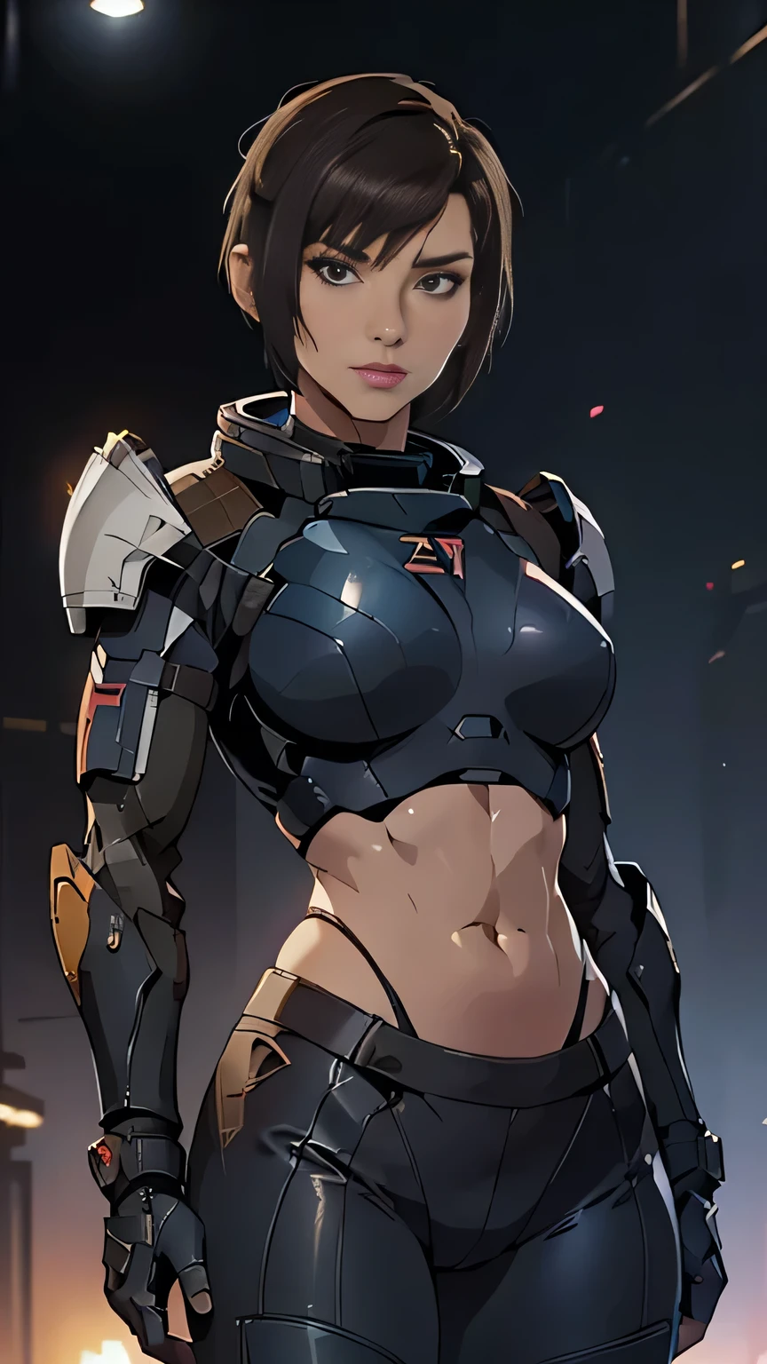 photo of mlp Meowko, RAW, beautiful woman, ((portrait)), ((detailed face:1.2)), ((anime face, anime facial feature, clear skin, glossy anime lips, clear skin), (short lesbian haircut, brunette: 1.55), (perfect proportioned body, Strong, muscular, narrow waist, narrow hips, skinny, large breasts, exposed belly button an abbs), ((she wears a detailed tactical N-7 gear, Mass Effect armor, body armor, simple shoulder armor, leather combat pants, bare midriff:1.1)), intricate Sci-Fi background, metropolis, (realistic photo, best quality, detailed), (8k wallpaper), (bright cinematic lighting, lens flares, beautiful light, (noon:1.3)) (sharp focus, intricate)