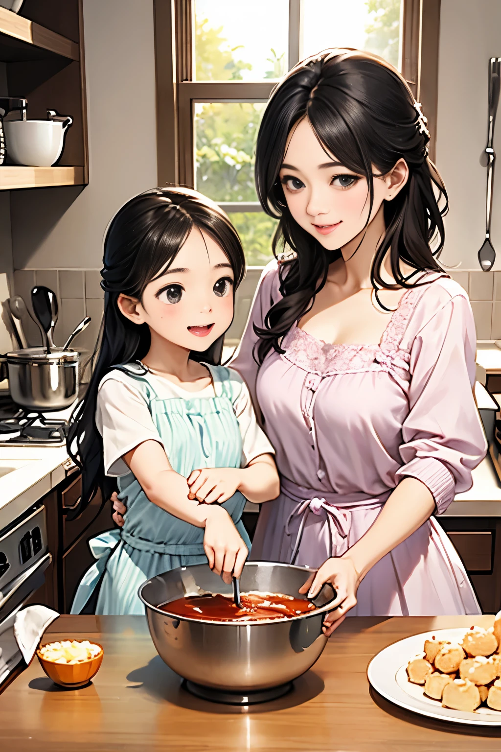 Animation style, high quality.
A  making sweets with her mother.
Bright kitchen. She sticks a whisk into a bowl.