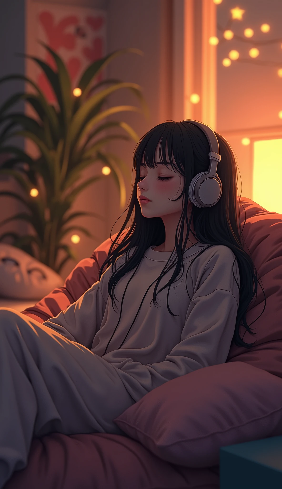 Girl listening to music in a cozy room at night, Using headphones, 2D style anime, Lo-fi, HD, Dark environment