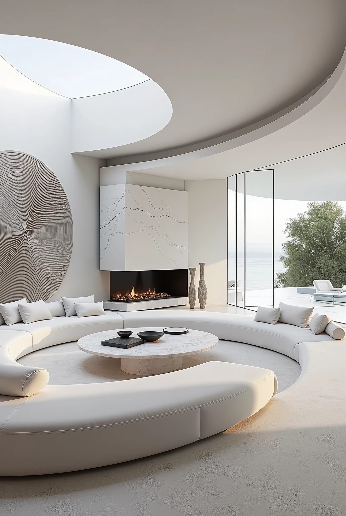 Professional 3D architectural rendering design of modern minimalist white velvet,Contains a large curved sofa that is modern and chic,White slate marble table,Modern and elegant decorations,Modern spiral wall painting and modern suspended white marble slab fireplace,Show the full effect。