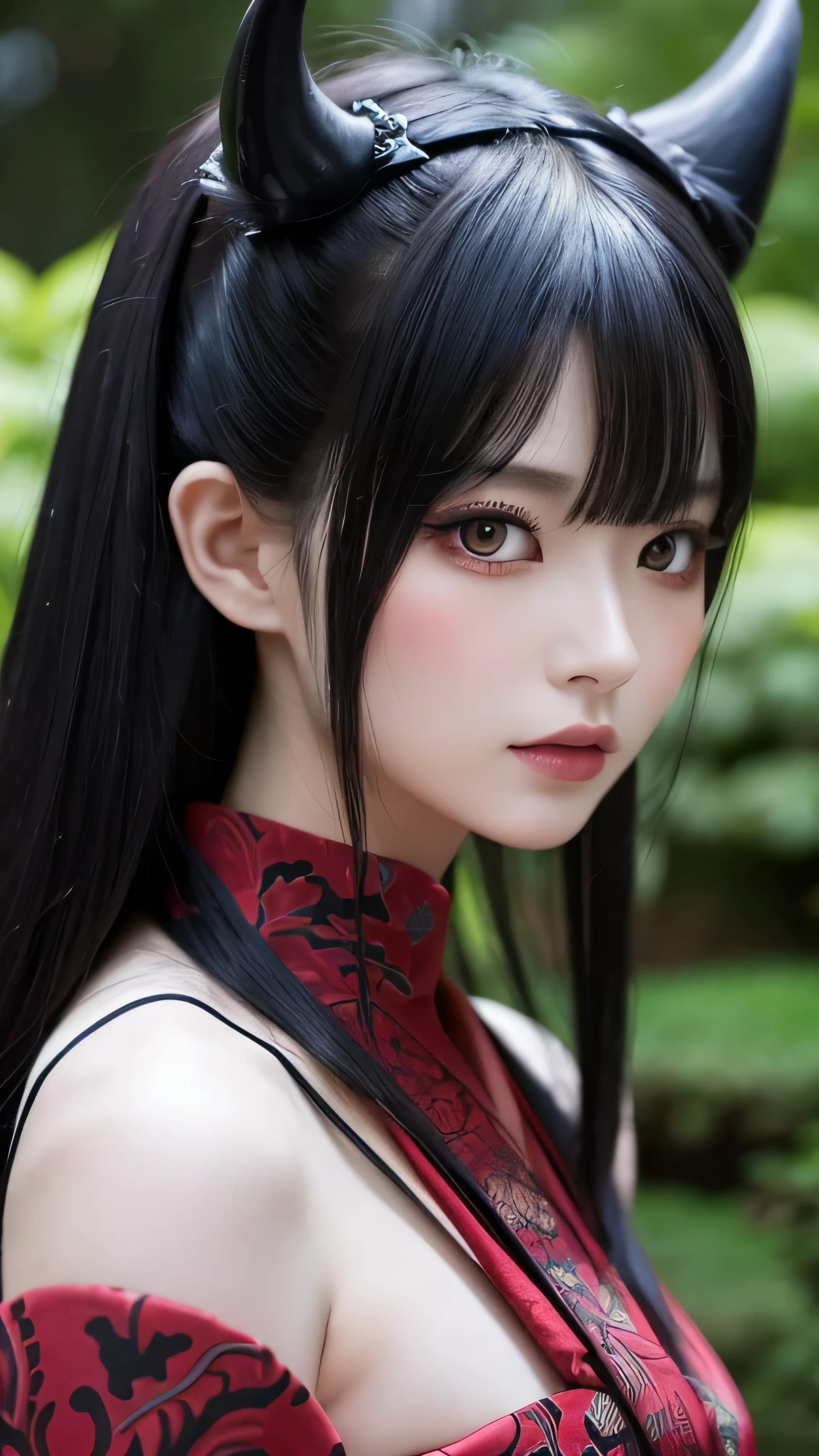 "Depict Belphegor as a Japanese beautiful girl while retaining her demonic features. Her long black hair is sleek and straight, adorned with subtle accessories. Her twisted horns remain, but are delicately integrated into her look, giving a unique charm. Her large, glowing eyes are filled with mystery, and her pale skin has a soft, natural blush. She wears a traditional Japanese outfit, like a modernized kimono with dark, elegant patterns. The setting is a serene, Japanese garden, enhancing her mystical and captivating presence."