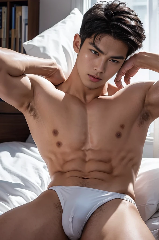 Ultra photorealistic, 20 year old, handsome male model, handsome man, asian man, shirtless, on top of the bed, white micro thongs, full body, expression of orgasmic, cry, cumshot, cum on chest, lifted arms, shaved armpits