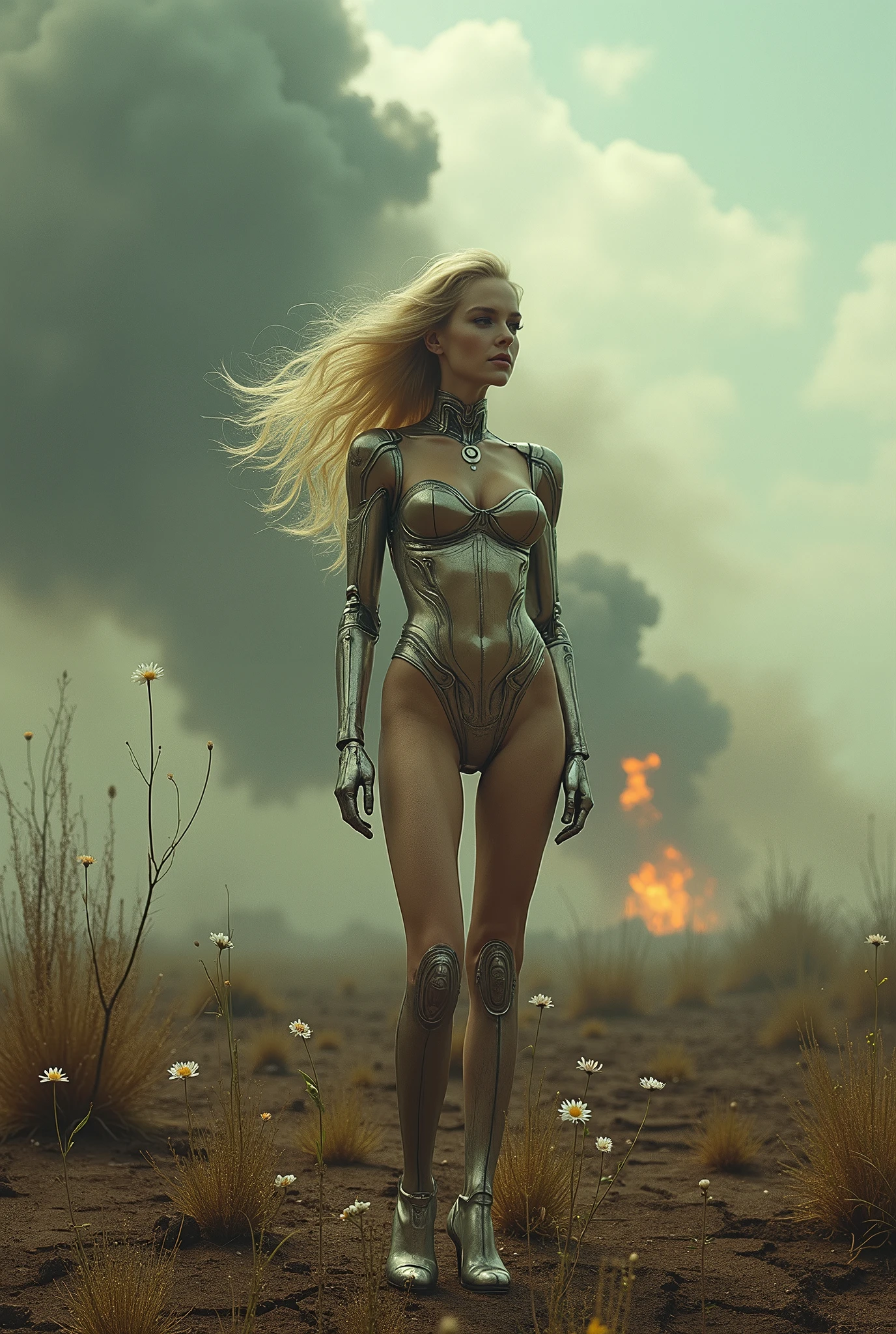 ((Analog photo. 70’s photo)), ((resilient)) full body. an ultra hot gorgeous a metallic shiny sexy love robot. Blonde hair. Sexy hourglass body. ExtraLarge breast (100E size) cleavage. High heels. standing amidst nuclear wasteland ruins, delicate flowers emerging from the desolation, ominous clouds casting shadows, ((haunting beauty)), post-apocalyptic masterpiece. Fire. Heavy smoke. Misty.