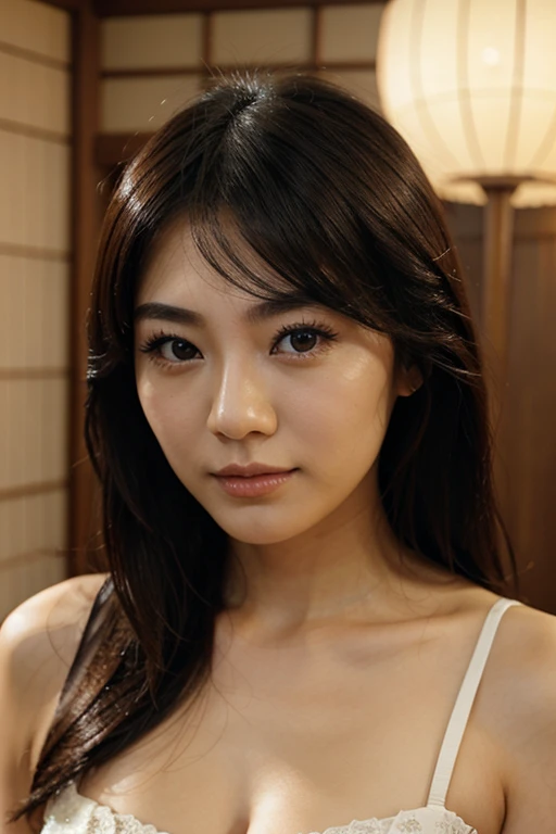 Ultra realistic asian woman, with realistic seductive face, realistic full lips, realistic big brown eyes, realistic long eyelashes, realistic nose, rough, realistic long beautiful hair