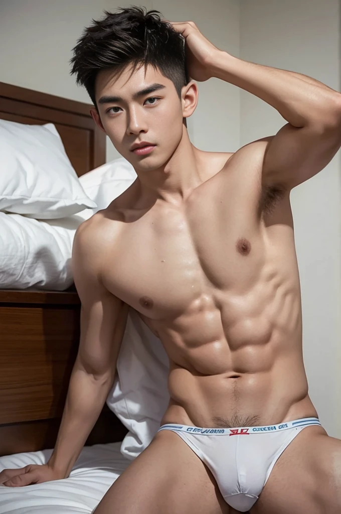 Ultra photorealistic, 20 year old, handsome male model, handsome man, asian man, shirtless, on top of the bed, white micro thongs, full body, expression of orgasmic, cry, cumshot, cum on chest, lifted arms, shaved armpits