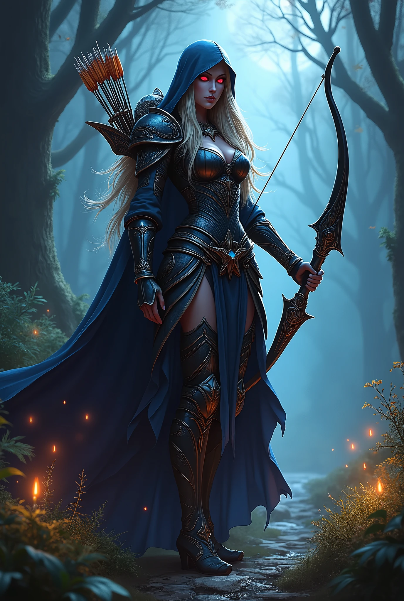 Sylvanas Windrunner, masterpiece , Best quality, ideal body proportions,whole body, bow and arrows, red eyes