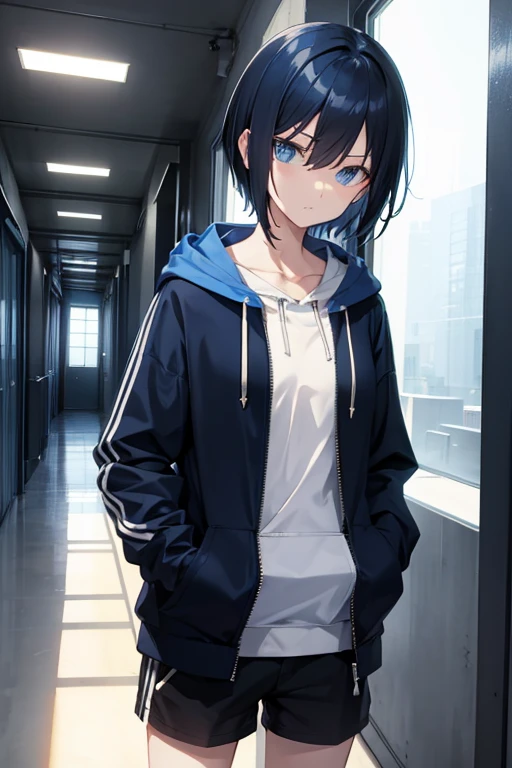 Blue hoodie、short hair、Zip-up、cool、Put your hands in your pockets、、Put on the hood、Glare、Black Hair、The final corridor、Black shorts、Mysterious corridor、The sunlight shines in