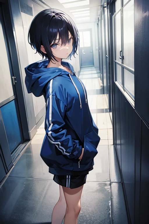 Blue hoodie、short hair、Zip-up、cool、Put your hands in your pockets、、Put on the hood、Glare、Black Hair、The final corridor、Black shorts、Mysterious corridor、The sunlight shines in