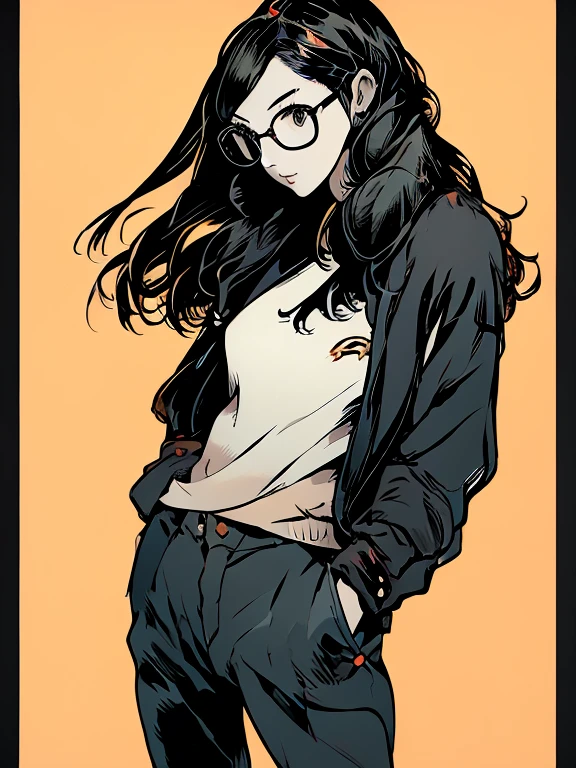 ((chibi)), big head, focus face, in the art style of persona5, (masterpiece:1.2, highest quality), (Realistic, photoRealistic:1.4), Beautiful illustrations, (Natural Side Lighting, Cinema Lighting), Written boundary depth, Beautiful thighs staring at the viewer, 1 female, 20-year-old, alone, thin, slender, (small breasts), long Hair, random Hair, Forehead, Forehead, Forehead, Forehead, thin, slender, glasses, ((Skinny black pants, oversized hoodie)), Are standing, (((glasses)))