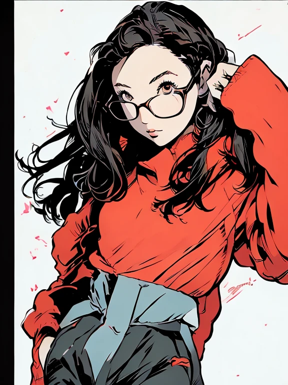 ((chibi)), big head, focus face, in the art style of persona5, (masterpiece:1.2, highest quality), (Realistic, photoRealistic:1.4), Beautiful illustrations, (Natural Side Lighting, Cinema Lighting), Written boundary depth, Beautiful thighs staring at the viewer, 1 female, 20-year-old, alone, thin, slender, (small breasts), long Hair, random Hair, Forehead, Forehead, Forehead, Forehead, thin, slender, glasses, ((Skinny black pants, oversized hoodie)), Are standing, (((glasses)))