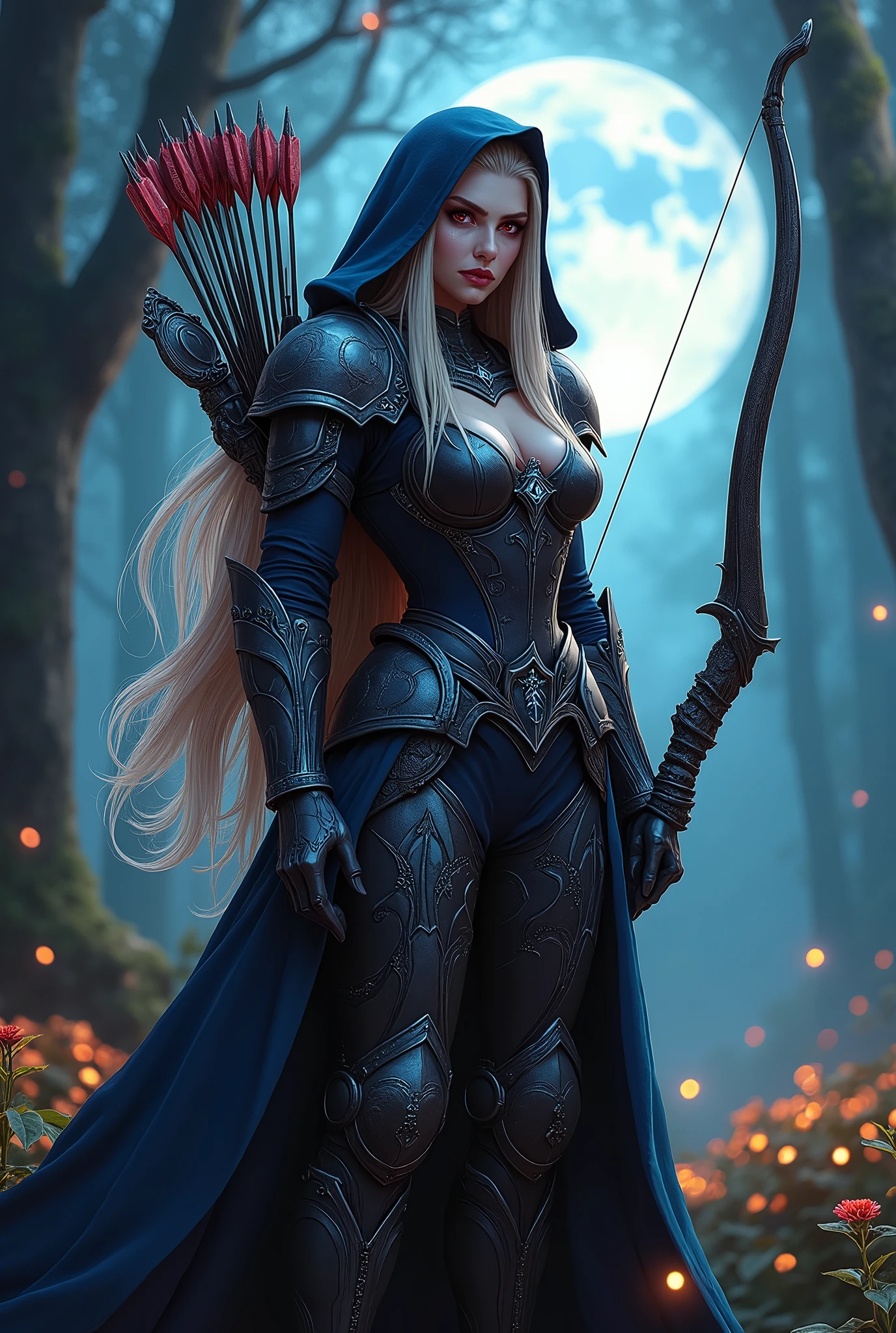 Sylvanas Windrunner, masterpiece , Best quality, ideal body proportions,whole body, bow and arrows, red eyes