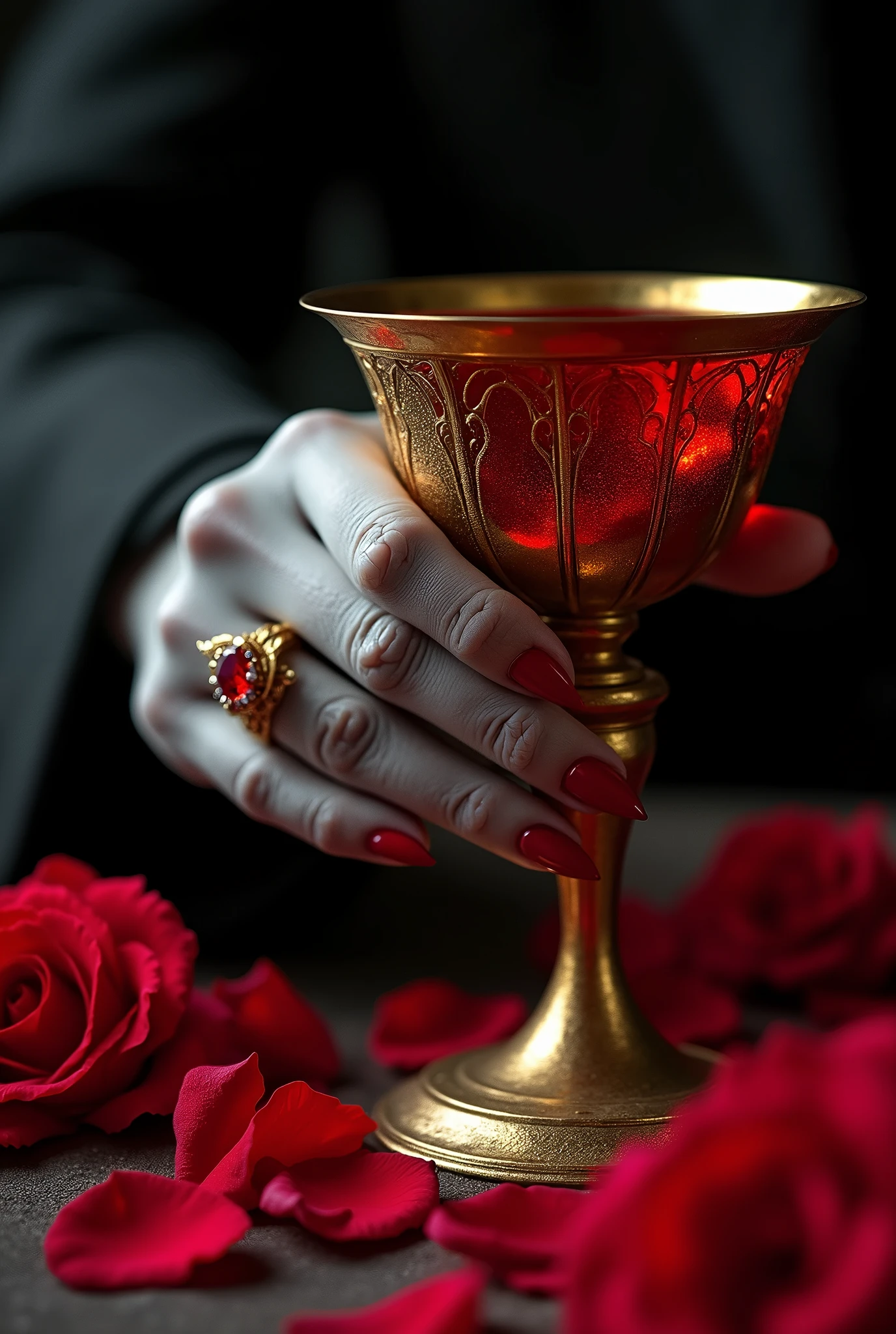 A close-up of a vampire's hand holding a big golden grail filled with blood on the table with rose pedals, glowing red liquid inside the grail, holding with single hand, focus on the hand, hand with a ruby ring, skinny hand, pale gray skin, crimson nail color, velvet tunic, sharp and pointy nails, photorealistic, ethereal, dramatic lighting, chiaroscuro, intricate details, gothic horror, dark fantasy, deep red colors, dramatic shadows, moody atmosphere