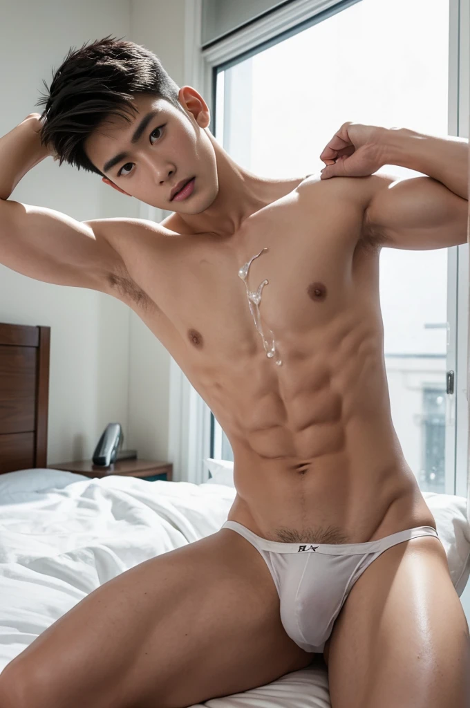 Ultra photorealistic, 20 year old, handsome male model, handsome man, asian man, shirtless, on top of the bed, white micro thongs, full body, expression of orgasmic, cry, cumshot, cum on chest, lifted arms, shaved armpits