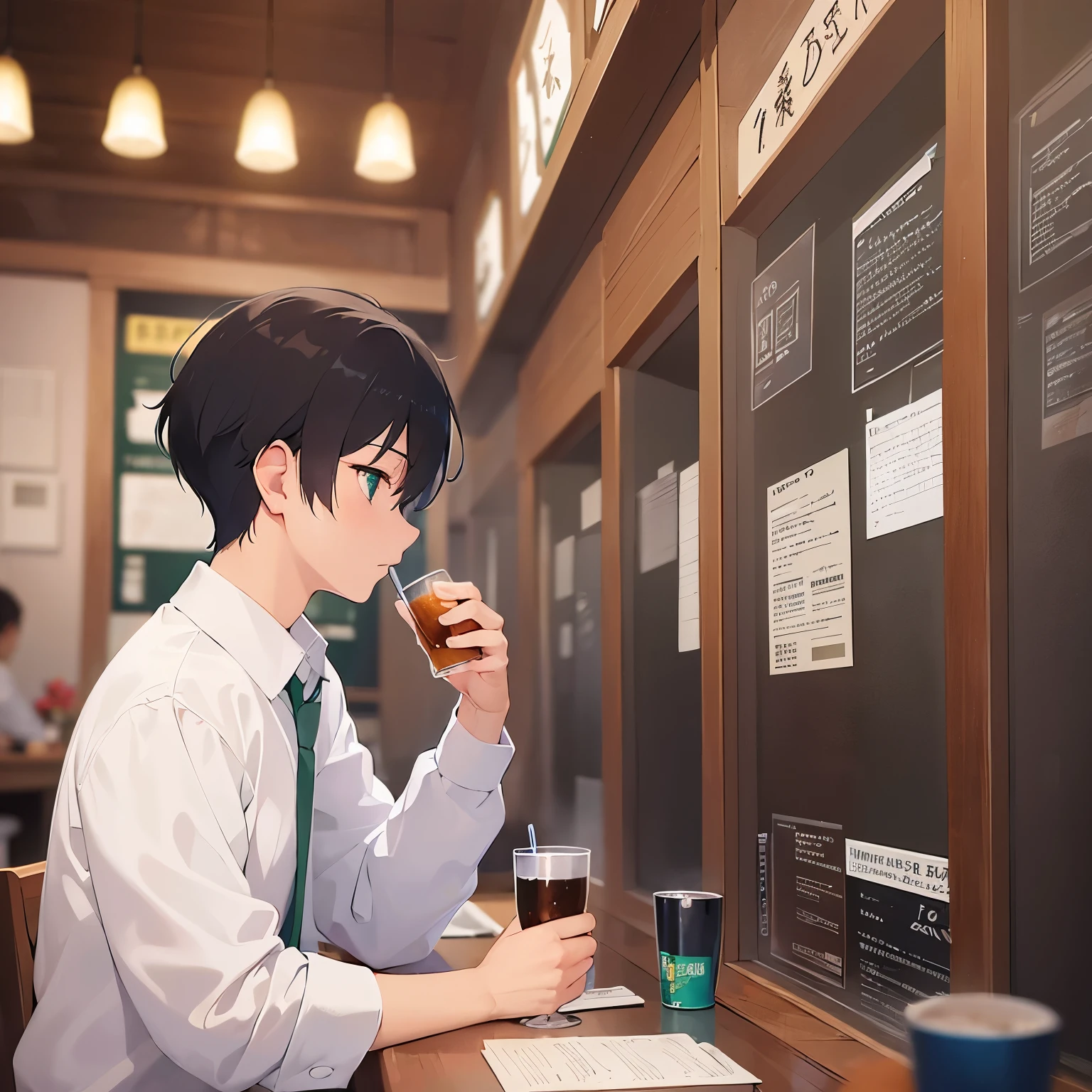 (looking away:1.5),upper body、profile、I have a beer、
shiny skin, masterpiece、Highest quality、
(25-year-old male:1.5) and (Brown short hair) and (Green Eyes),
BREAK (white collared shirt) and (Green tie)、
worried、The background is also the inside of a night izakaya.、(alone:1.5)