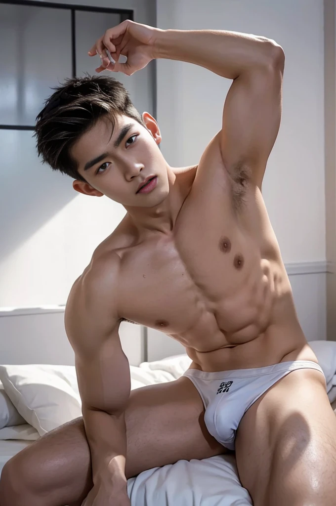 Ultra photorealistic, 20 year old, handsome male model, handsome man, asian man, shirtless, on top of the bed, white micro thongs, full body, expression of orgasmic, cry, cumshot, cum on chest, lifted arms, shaved armpits