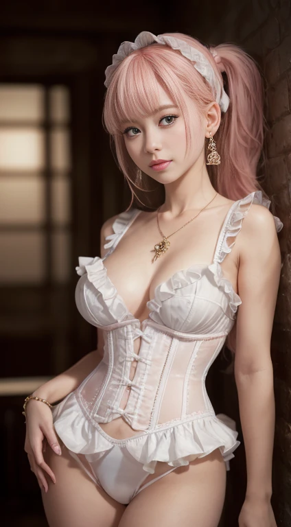 8K, table top, RAW photo, highest quality, realistic, Highly detailed CG Unity 8K wallpaper, Depth of bounds written, cinematic light, Lens flare, ray tracing, (very beautiful face, beautiful lips, beautiful eyes), face with intricate details, ((super dense skin)) 1 girl, in the dark, deep shadow, cute korean girl, ((looking at the viewer)),(enchanting smile), (blurred background), earrings, bracelet, necklace, clear eyes, Bedroom, front shot, (white skin), look forward, (Big eyes), ((upper body shot)), ((baby doll, White corset, Lace fabric, Ribbon ruffles)), (camel toe,  shape), (pink haired:1.3), (ponytail), (big ):1.5), ((camel toe)), See through,