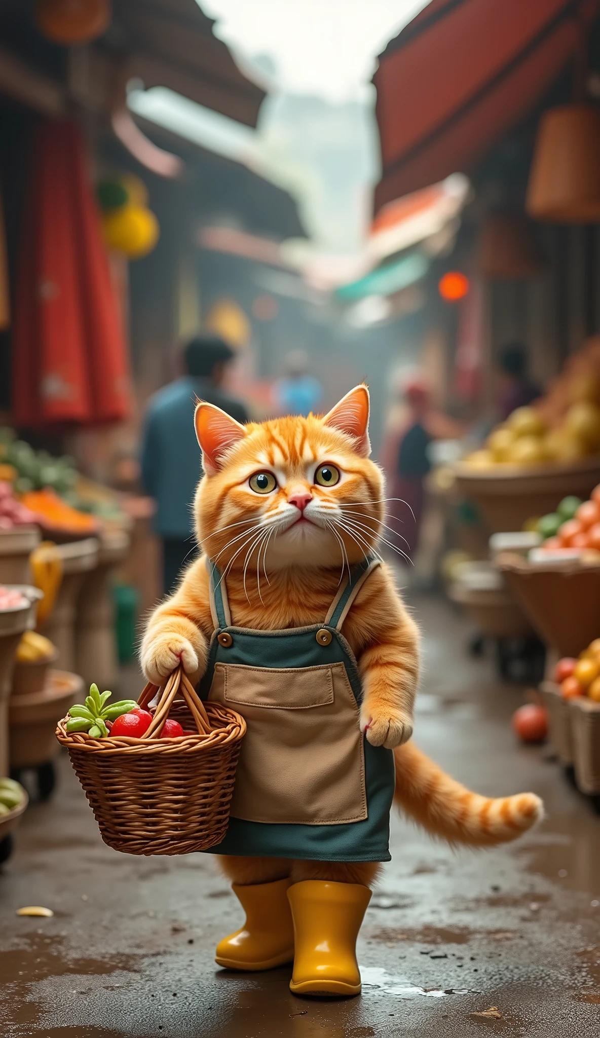 Create an image of a chubby, cute orange cat walking through a bustling Indonesian market. The cat, wearing yellow rubber boots and an apron, holds a shopping basket in one paw. The market is lively with vibrant stalls and people all around. The cat has a confused expression as if it forgot what it wanted to buy. The scene captures the charm of a traditional Indonesian market with the adorable cat at its center, looking slightly lost amidst the colorful surroundings.