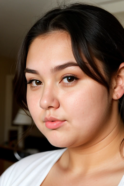 (photorealism:1.2), beautiful chubby 20 year woman, tall young woman, blowing a kiss to viewer, round face,button nose,pouting,raising an eyebrow 