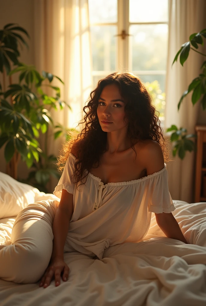 (photorealism:1.2), beautiful woman, sitting on bed, wearing loose off-shoulder top, pajama pants, long curly hair, indoors, soft lighting, plants in background, window with sunlight, cozy room, relaxed pose, realistic, intricate details, warm colors, by Greg Rutkowski, by Alphonse Mucha