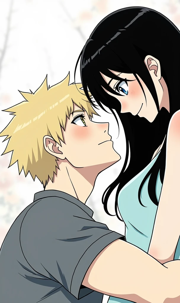 Adult Guy with Short Blonde Hair, Beautiful face, Brown eyes, Beautiful inflated body, an adult girl with long black hair, blue eyes, Beautiful face, smiles slightly, realistically, masterpiece, Best quality, detailing, anime art, фотоrealistically