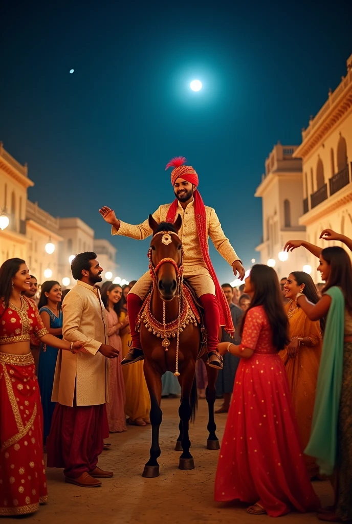 20 drunk friends dancing in a wedding in front of groom at night in rajasthan, the groom is sitting on horse and all the attendees are wearing traditional.