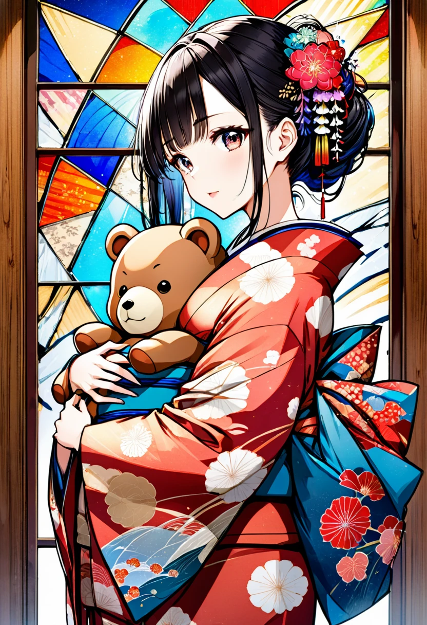 Ukiyo-e, Japanese painting, woodblock print, anime, manga, cartoon, illustration, beautiful woman, wearing open colorful Japanese kimono, wariza, holding cute teddy bear, background stained glass