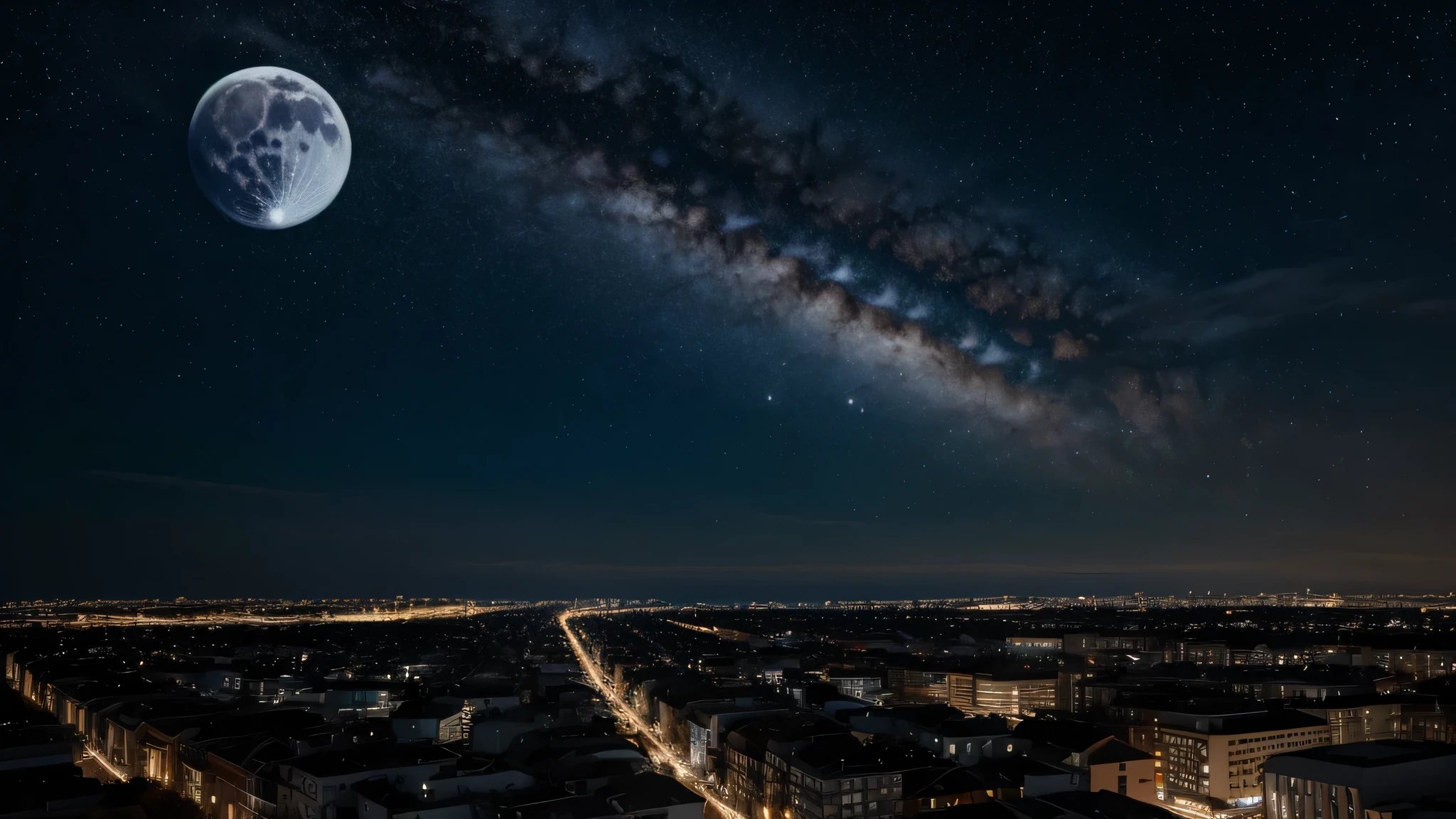 In a modern city,The sky is a deep blue, star-studded night sky,Majestic and mysterious against the backdrop of the moon and stars,The atmosphere is majestic,high quality,masterpiece,Lots of details,8k,Amazing theatrical work, movie environment, masterpiece, best quality, Award-winning works, Personalize your style, Fine details, Realistic shadows, HDR, Ultra HD