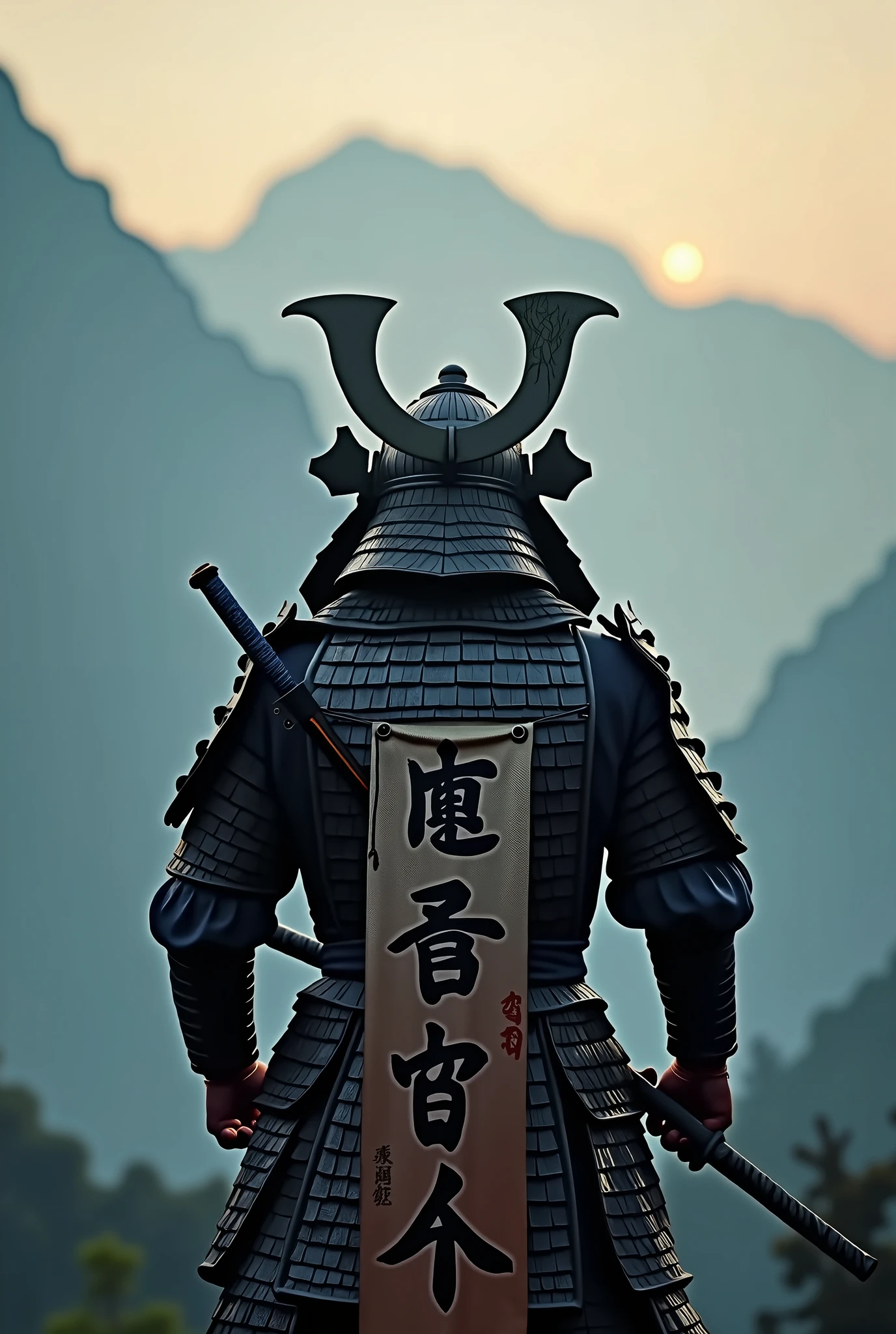  I want to create a scene from a movie. Realistic expression. Camera shot from behind the main character. An old armored warrior clad in Japanese armor. He is carrying a vertical banner with his family crest used in the Warring States period in Japan, crossed on his back. The helmet worn by the warrior has a large crescent-shaped horn on the front. The full-body composition is taken from head to toe. The background is dim because the sun has not yet risen over the misty mountains. Both hands are down 45 degrees from the horizontal, clutching a drawn sword, ready for battle at any moment.