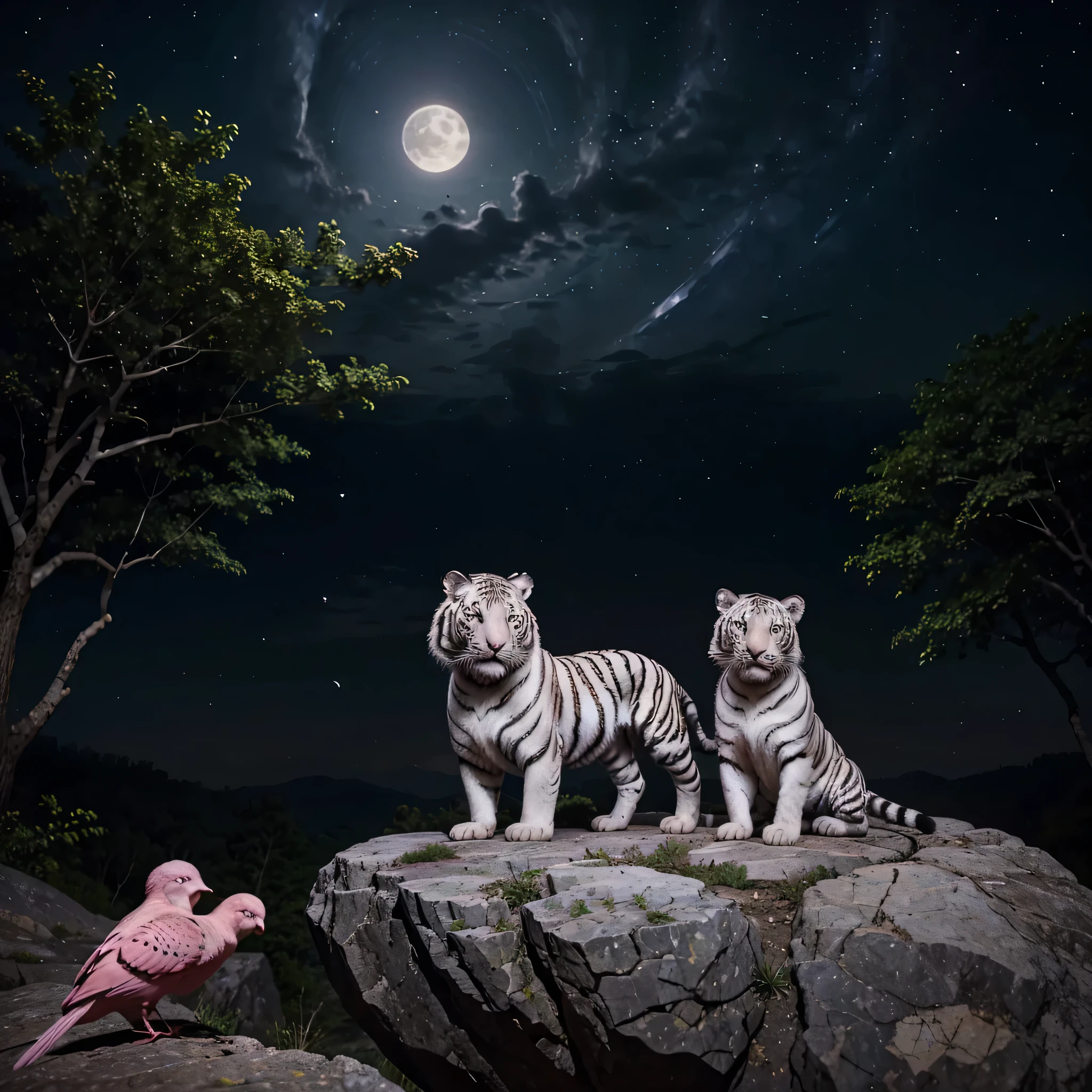 A baby white tiger and a beautiful pink bird with singing mic in front of them, they are acting as singing, on a starry night filled with moonlight, on top of big rock in the middle of a forest, many animals are surrounding them