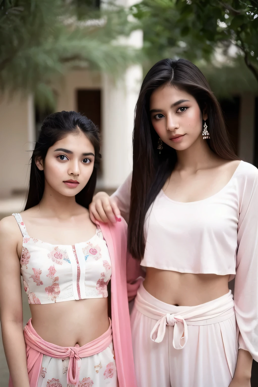 Create a beautiful Indian white skin girl with 18 year old , wearing a pink and white palazzo set, having strait hair and blue eyes.