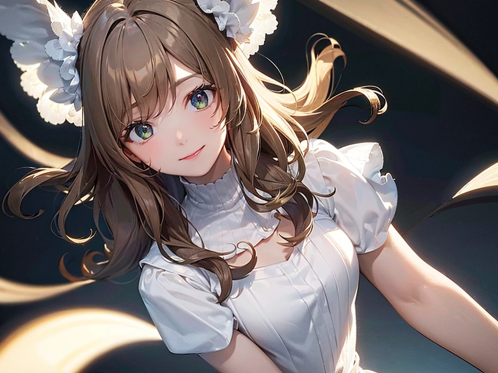 Quality: UHD, ultra-high definition, high details, high detail, high quality, high quality, 4K, Drawing: Art Deco, Minimalism, Renaissance, high detail, Conceptual art, Effects: chiaroscuro, chiaroscuro, depth of field, background blur, cinematic lighting, lighting effects, glow, fluorescence, reflection light, reflected light, backlighting, backlighting, Appearance: Hair: curly, light brown, shoulder length, Headdress: none, Eyes: green, expressive, Ears: normal, do not stand out, Facial expression: friendly, with a slight smile, Clothing: Top: open shirt, white, with a neat collar, Bottom: denim skirt, short, with pockets, Composition: Close-up, close-up, From above, top view, Wide shot, wide-angle lens, Lens flare, lens flare