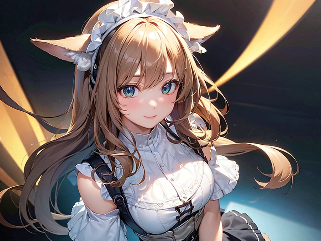 High resolution, Exposed breasts, bangs, Blonde, Brown Hair, ponytail, Cat ear, Maid Head Accessories, Dutch Angle, Anatomically correct, Highest quality, High resolution, masterpiece, accurate, High detail, Ultra high definition, Bangs, smile, Character portrait, Setting diagram, Sportswear, Mecha Armament,